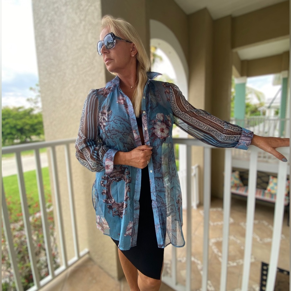Balboa Floral Long Sleeve Kiev Sheer Buttoned Down Oversized Blouse - Size Large